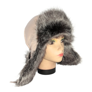 Женская шапка ушанка бежевого цвета, мех Волк седой-2