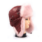 Бордовая шапка ушанка для девушки с Розовым мехом