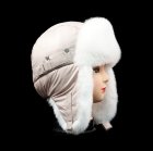 Бежевая блестящая шапка ушанка для девушки мех Белый кролик