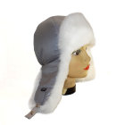 Женская шапка ушанка, Серая блестящая, мех Кролик белый